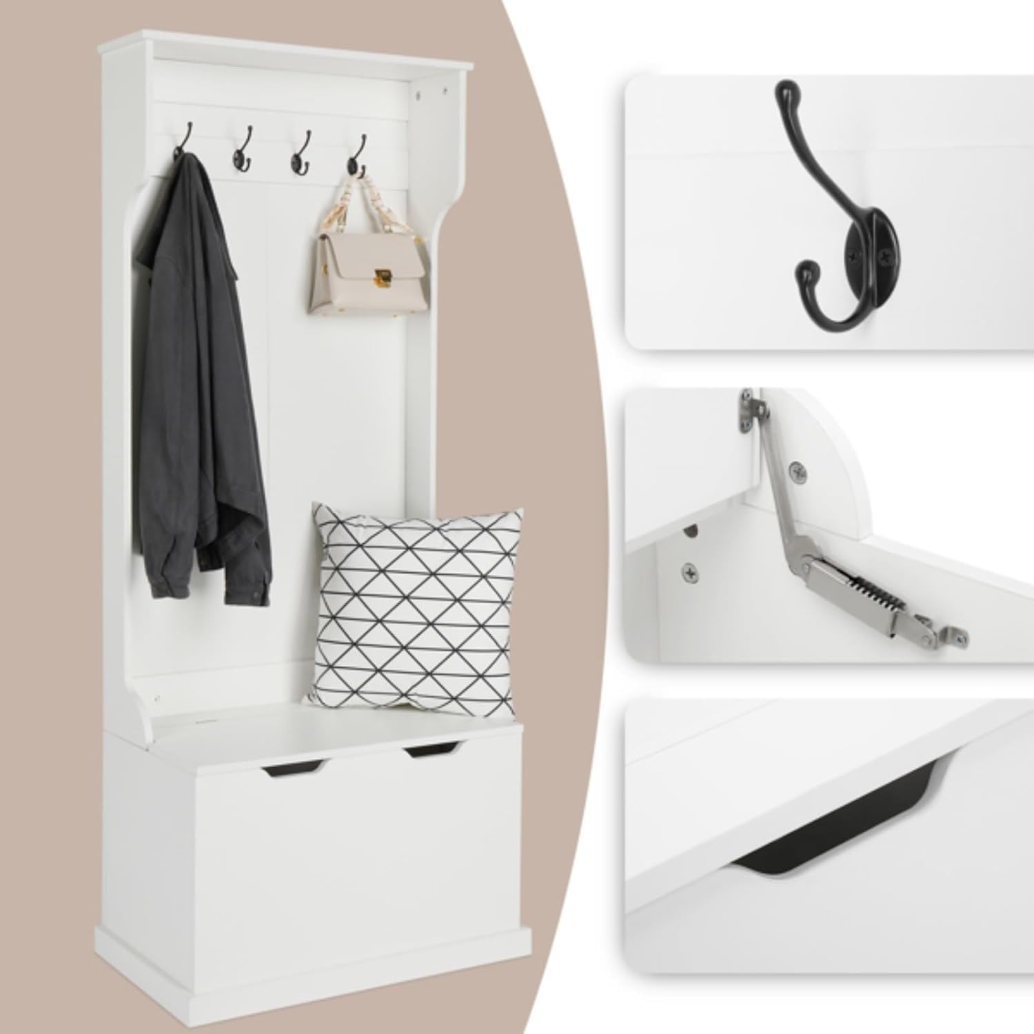 Multifunctional Storage Rack, Independent Wardrobe Organizer, Storage Rack, 4 Hooks, Multi-Layer Storage Rack, Bedroom Entrance Wardrobe, White