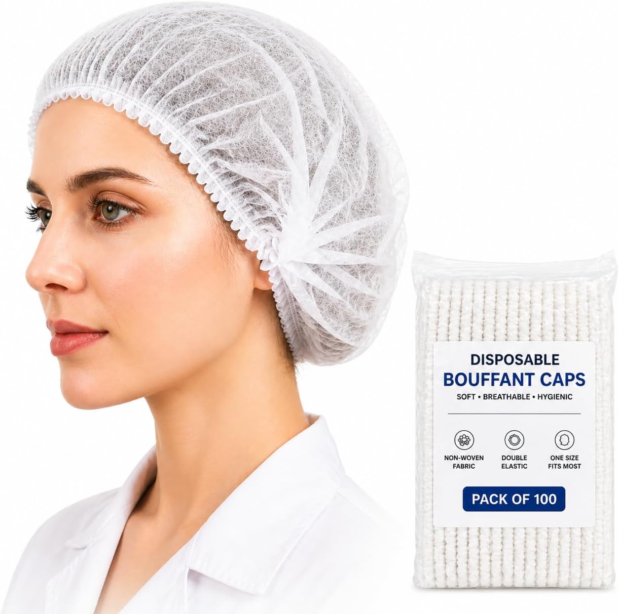 Kodenipr Club Disposable White Bouffant Caps (Pack of 100) โ Thick Non-Woven Hair Cover with Double Elastic, Hygienic Head Caps for Kitchen/Cooking, Salon, Spa, Food Handling & Cleaning Use