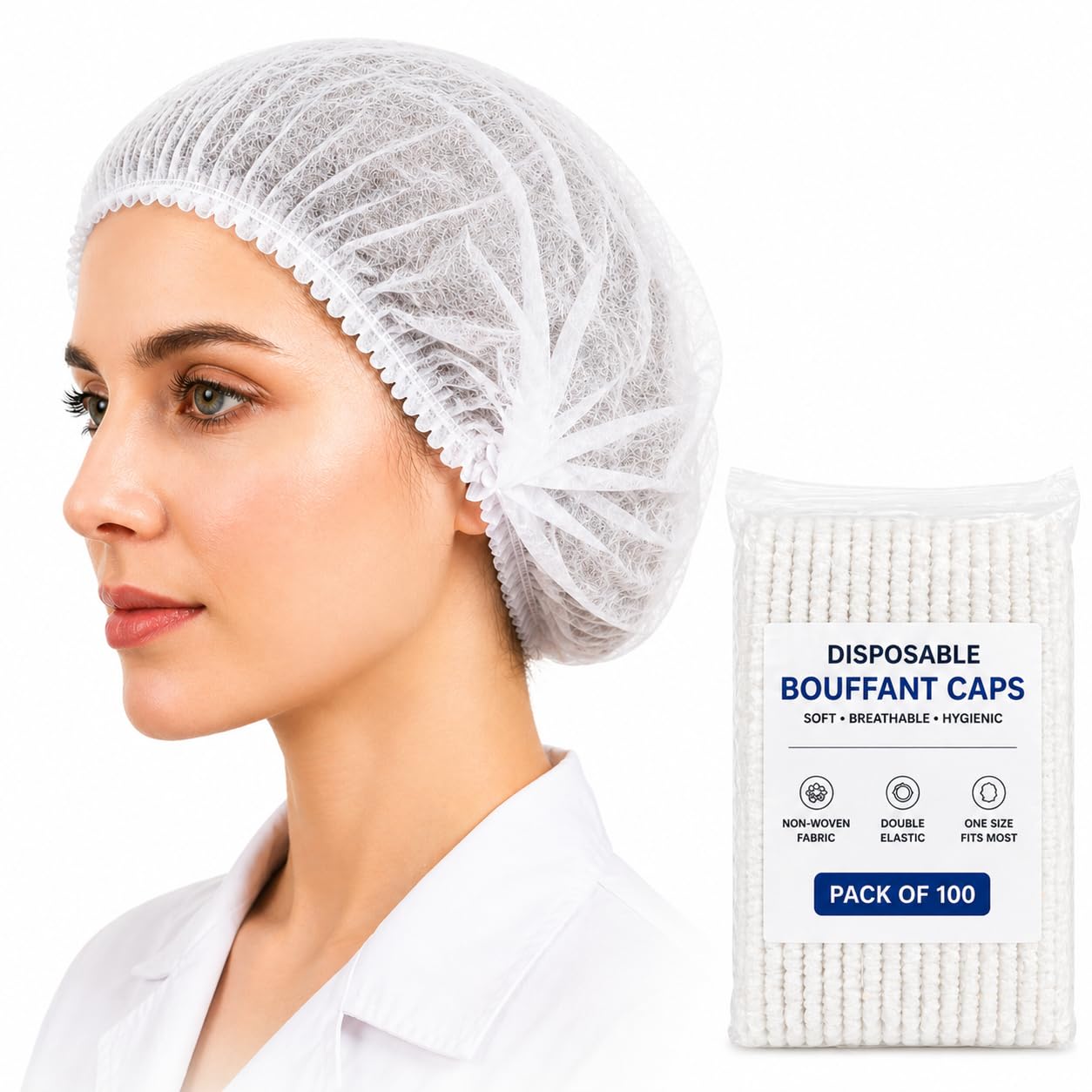 KODENIPR CLUB Women Disposable Nonwoven Bouffant Caps, Hair Net, Cap For Salon, Spa, Catering, Dust-Free Workspace (Pack Of 100), White-image-17