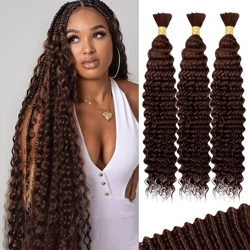 12A #4 Chocolate Brown Human Braiding Hair for Boho Braids 3 Bundles 24 Inch 100g Deep Wave Braiding Hair for Bohemian Knotless Braids 100% Unprocessed Virgin Bulk Hair Extensions No Weft