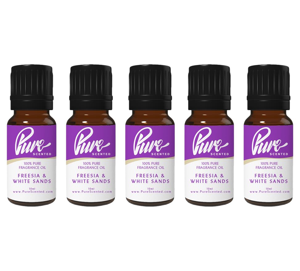 Pure Scented 50ml Fragrance Oils - 5 x 10ml Suitable for Candles, Soaps, Slime, Diffusers, Cosmetics, Wax Melts, Designer (5 x 10ml, Freesia & White Sands)