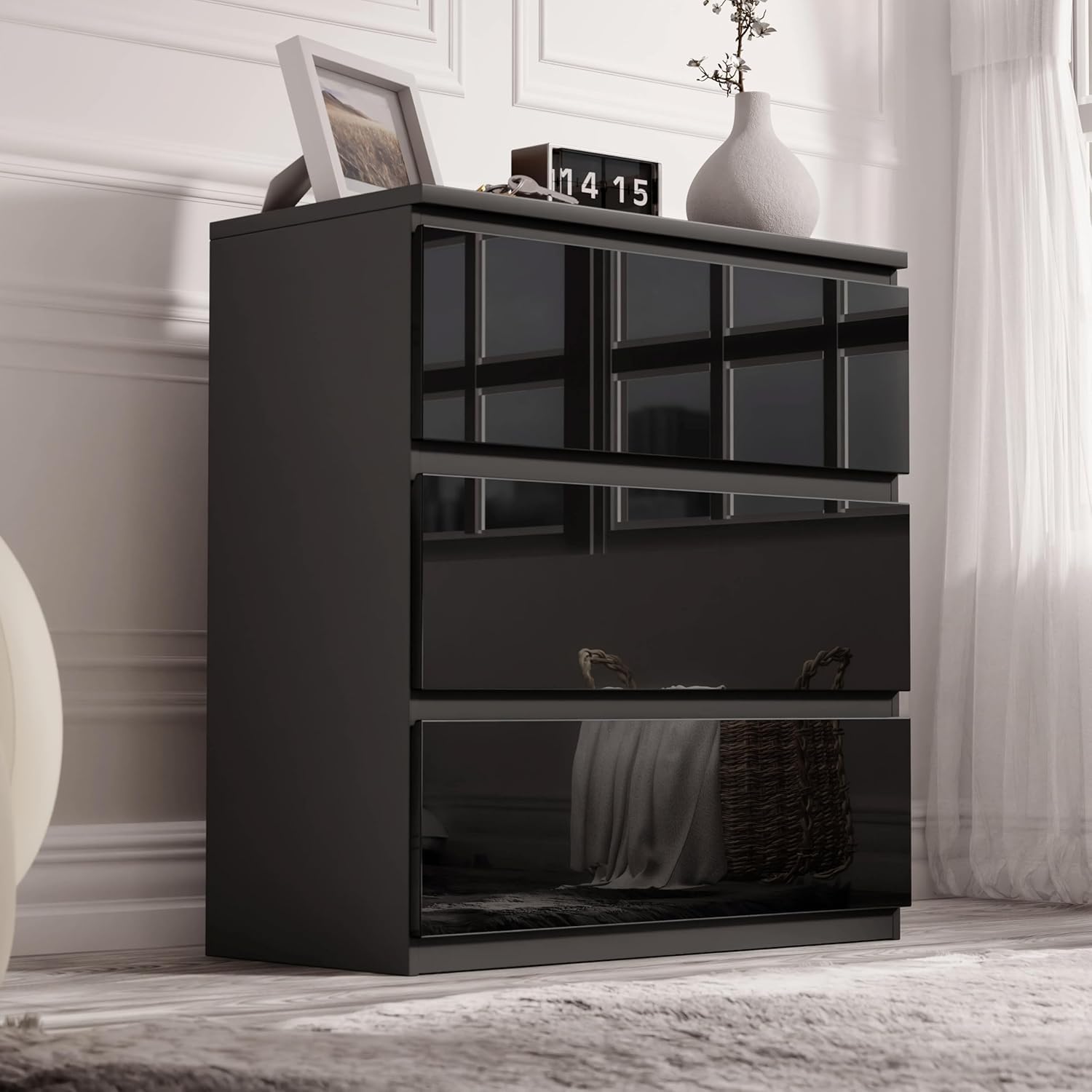 Blisswood High Gloss Chest of Drawers, 3 Drawer Bedroom Chest of Drawers, Chest of Draws with Smooth Metal Runners Bedside Table for Living Room Office Furniture 40D x 70W x 77H CM (Black)