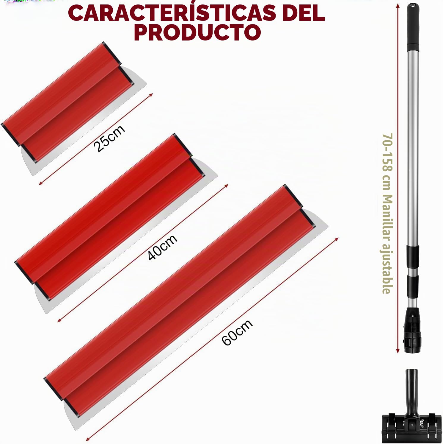 Juego de espatulas pladur, llana para alisar paredes con pértiga extensible, Espatula Masilla de acero inoxidable para Paneles de Yeso, Paredes y Techos (25cm+40cm+60cm)