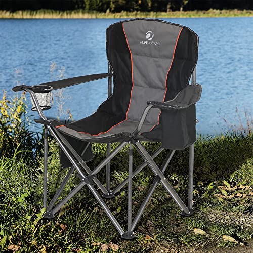 Alpha Camp Folding Camping Chair Oversized Heavy Duty Padded Outdoor Chair With Cup Holder Storage And Cooler Bag, 450 Lbs Weight Capacity, Thicken 600D Oxford, Black #TOP1