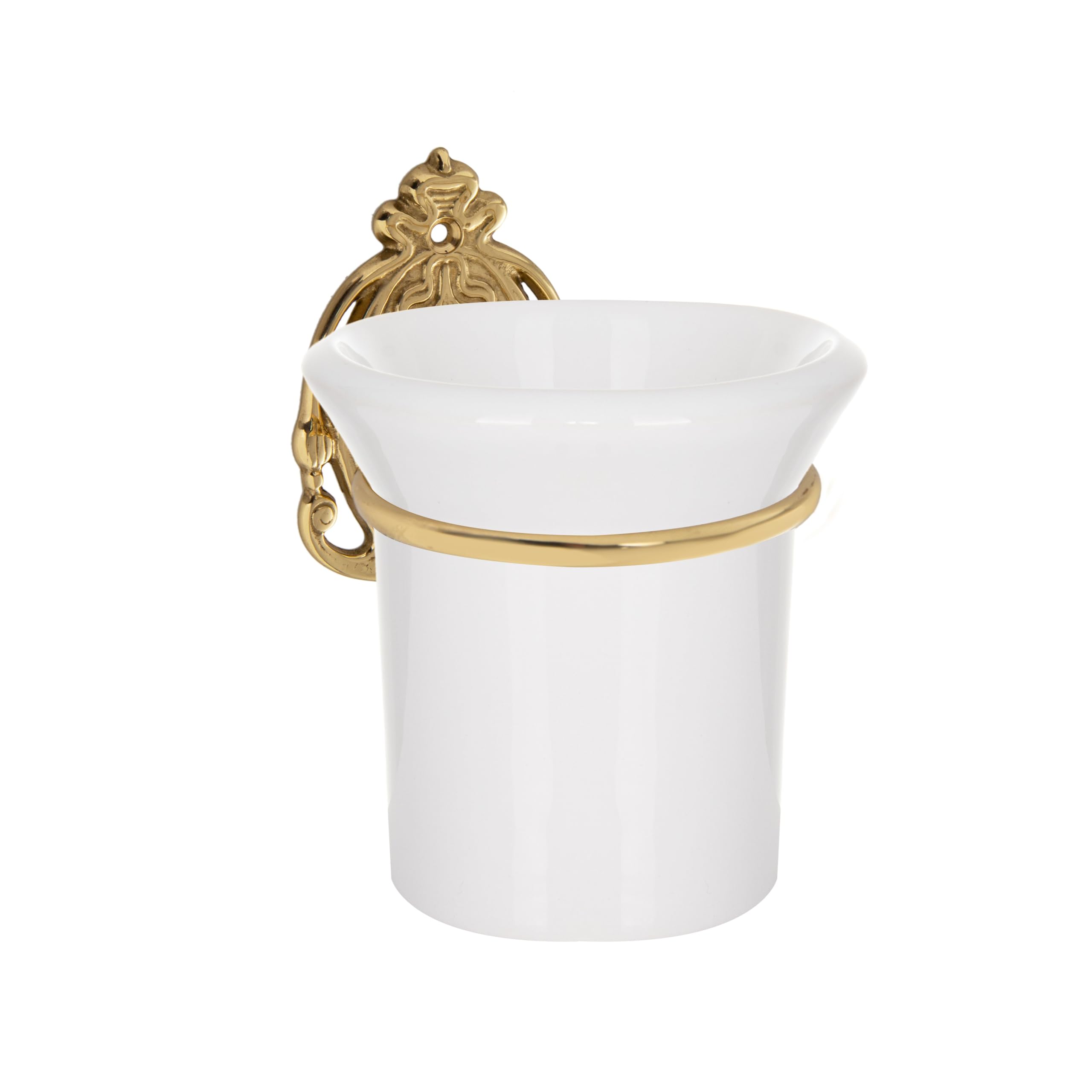 Portavasos con vaso para cepillos de dientes, vaso para utensilios de baño de cerámica y latón, oro blanco, monálogo de pared (diseño 1: barroco)