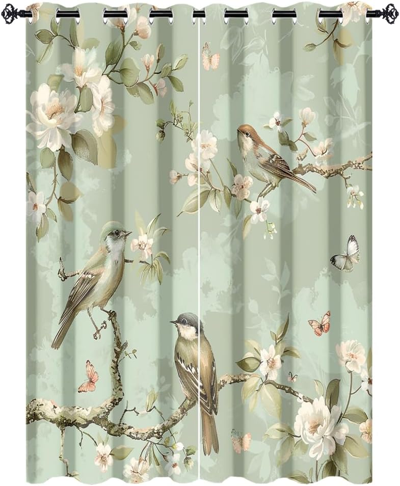 Rustic Birds Curtains For Living Room Bedroom Vintage Spring William Morris Floral Watercolor Tropical Modern Green Thermal Insulation Curtains Window Grommet Treatments 2 Panels 63"L x 21"W