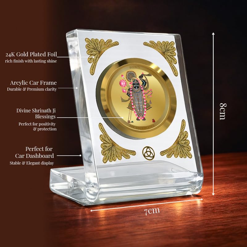 Image of DIVINITI 24K Gold Plated Lord Shrinath Ji Acrylic Frame for Car Dashboard, Home Temple & Office Table | Premium Spiritual Gift, Blessings for Protection & Positivity, 8x7 cm Decorative Showpiece