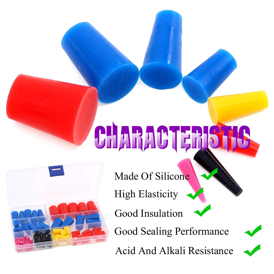 Swpeet 100Pcs High Temp Silicone Rubber Protective Tapered Plug Assortment Kit, Masking System Kit Perfect for Powder Coating, Painting, Anodizing, Plating & Media Blasting