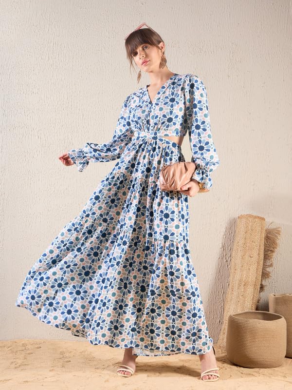 Image of SASSAFRAS Teal Blue Geometric Print Waist Cut Out Maxi Dress-L