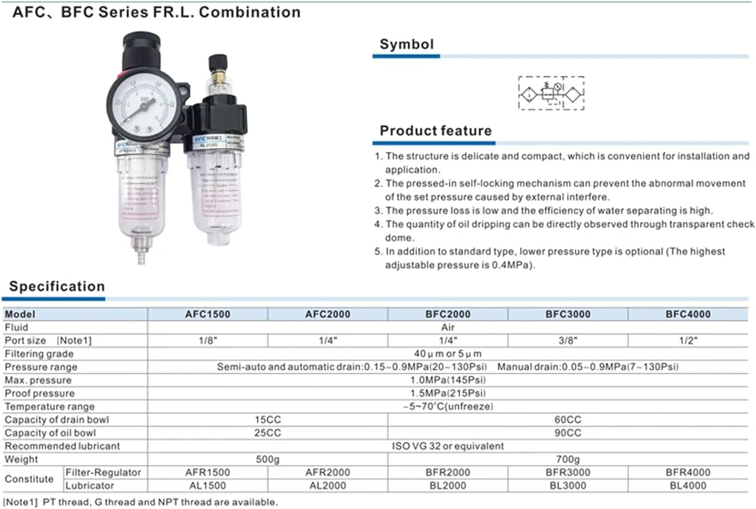1 pcs AFC2000 1/4" Port FRL Union Air Treatment Air Filter Regulator Combination AFC2000 Lubricator Combinations (Color : AFC2000 PC8-02)