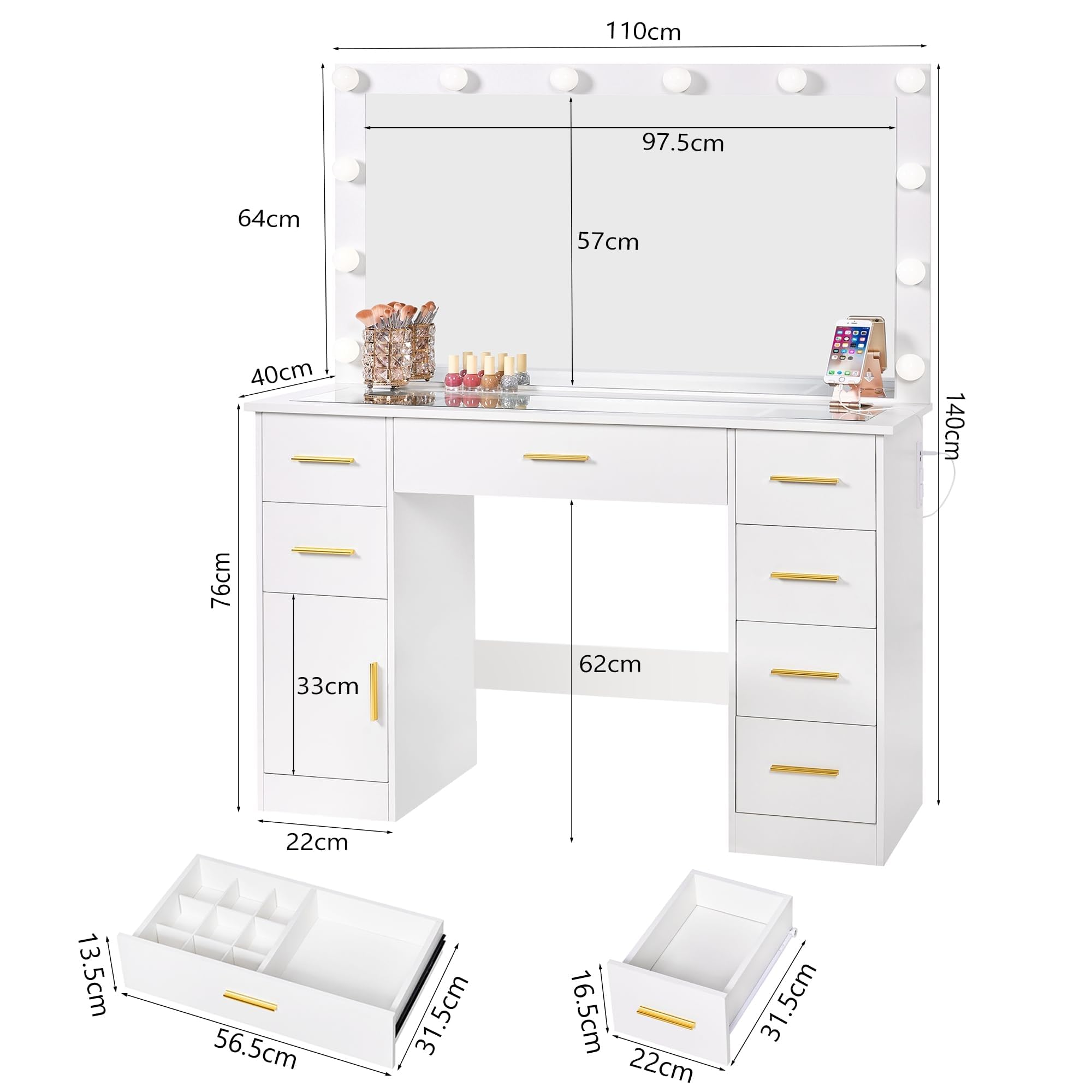 ANWBROAD Grande Coiffeuse avec Miroir et Prise, Éclairage LED Réglable,Table de Maquillage avec 7 Tiroirs Coiffeuse Moderne avec Grand Espace de Rangement Blanc 110x140x40cm BDT83W