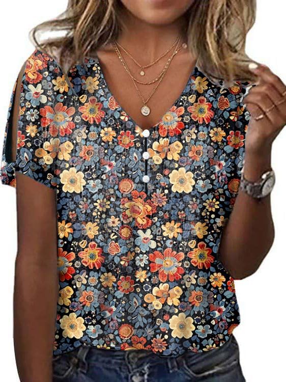 Womens Boho Floral Print Blouse Dressy Slim Fit Vintage Womens Summer Tops Cold Shoulder V Neck Button Down Shirts for Women