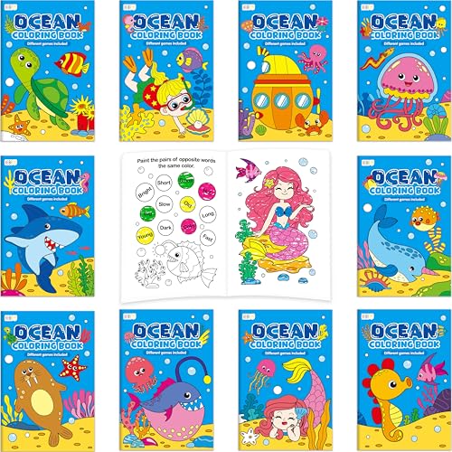 10 Libretti da Colorare per Bambini, Tema Oceano con Giochi, Maxi-Pacchetto di Mini Libretti da Colorare Sottomarini per Bambini, Attività per Feste, Regali
