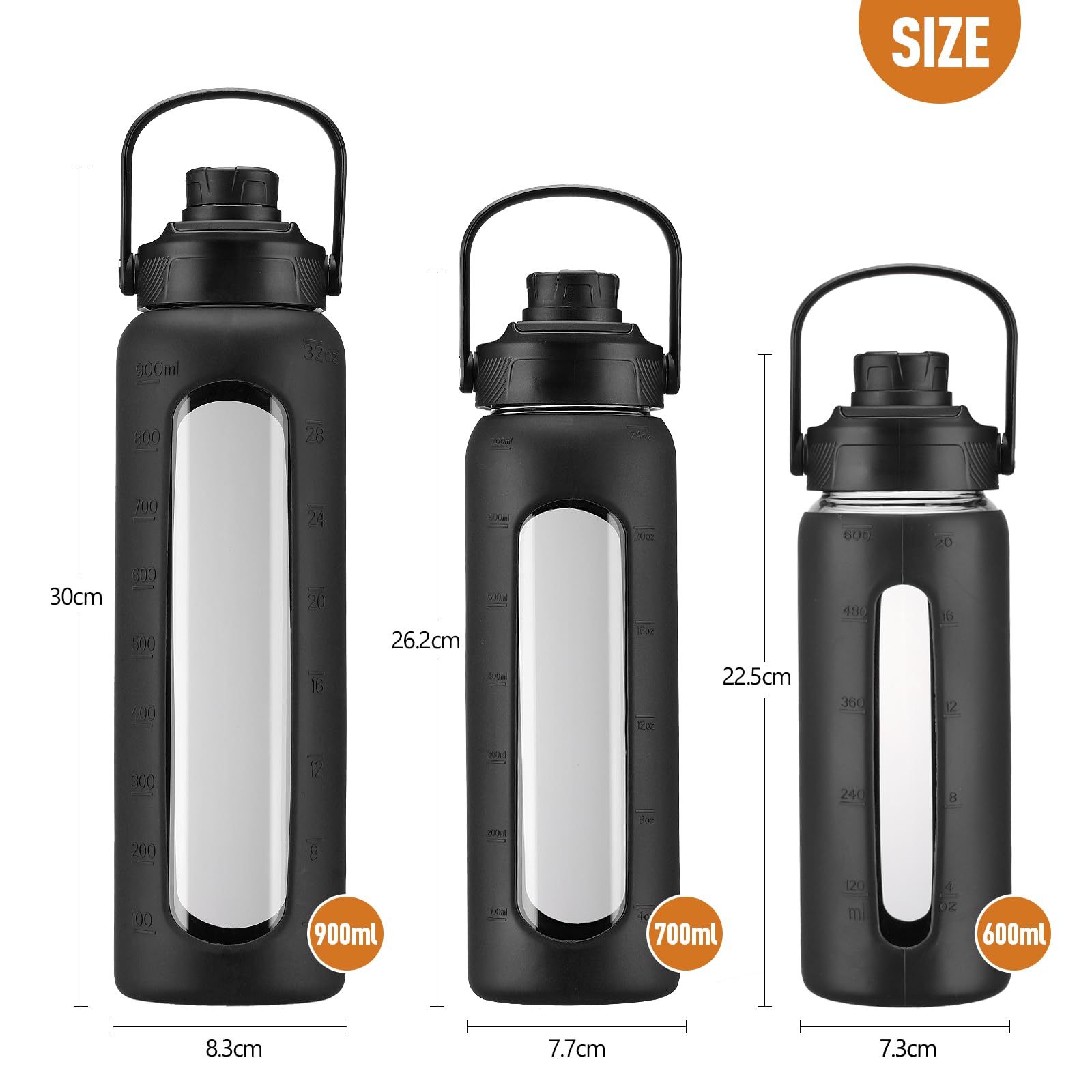 BLUEGO Borraccia in vetro da 600ml con cannuccia e 2 coperchi, tazza da caffè in vetro con custodia in silicone, senza BPA, Nero