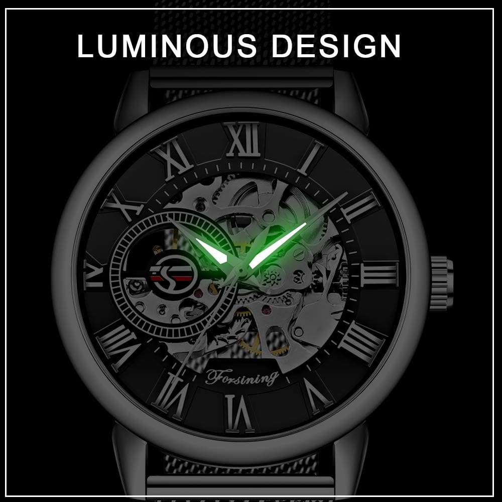 Gosasa Reloj mecánico de cuerda manual para hombre, ultrafino, esqueleto hueco, pulsera de acero inoxidable, reloj de pulsera de malla, Plateado negro, Moderno