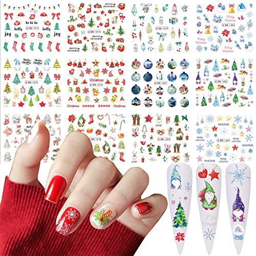 12 Sheets Christmas Nail Stickers New Year Winter Nail Decals Water Transfer Xmas Tree Snowflake Santa Claus Deer Bell Snowman Nail Supplies For Women Christmas Nail Art Decoration #TOP4