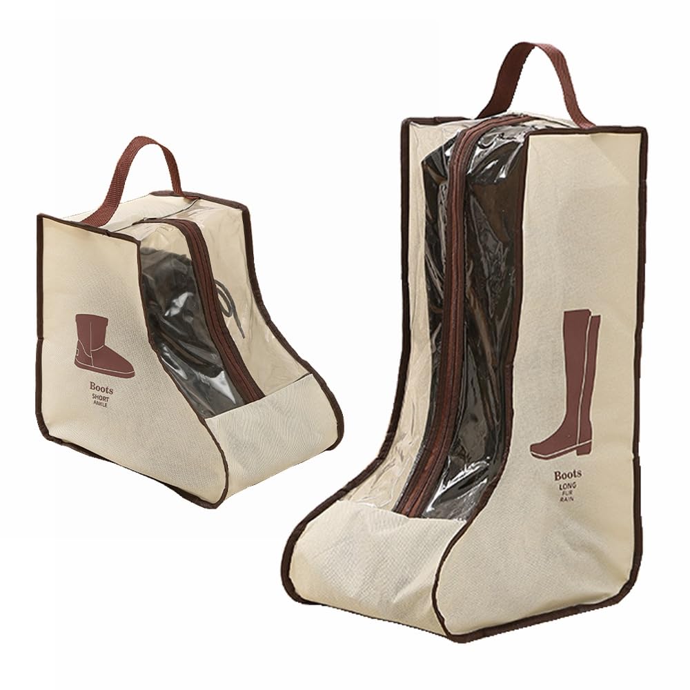 Travel Shoe Bags Tall/Short Boots Storage Bags Dust-proof Shoe Storage Organizer Shoe Pouch with Zipper for Travel and Daily (1 pack tall beige and 1 pack short beige)