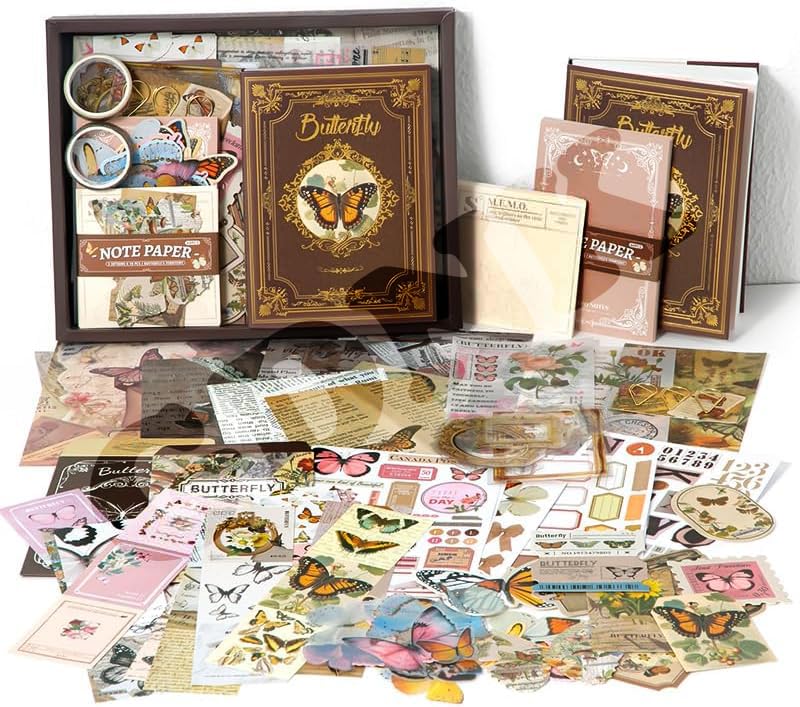 Image of GDNK 346pcs Vintage Journal Scrapbook Pack Kit for Art Journaling Bullet, Planners DIY Paper Stickers, Craft Kits Notebook, Collage Album Aesthetic Sticker (Moonlight) (Brown Butterfly)