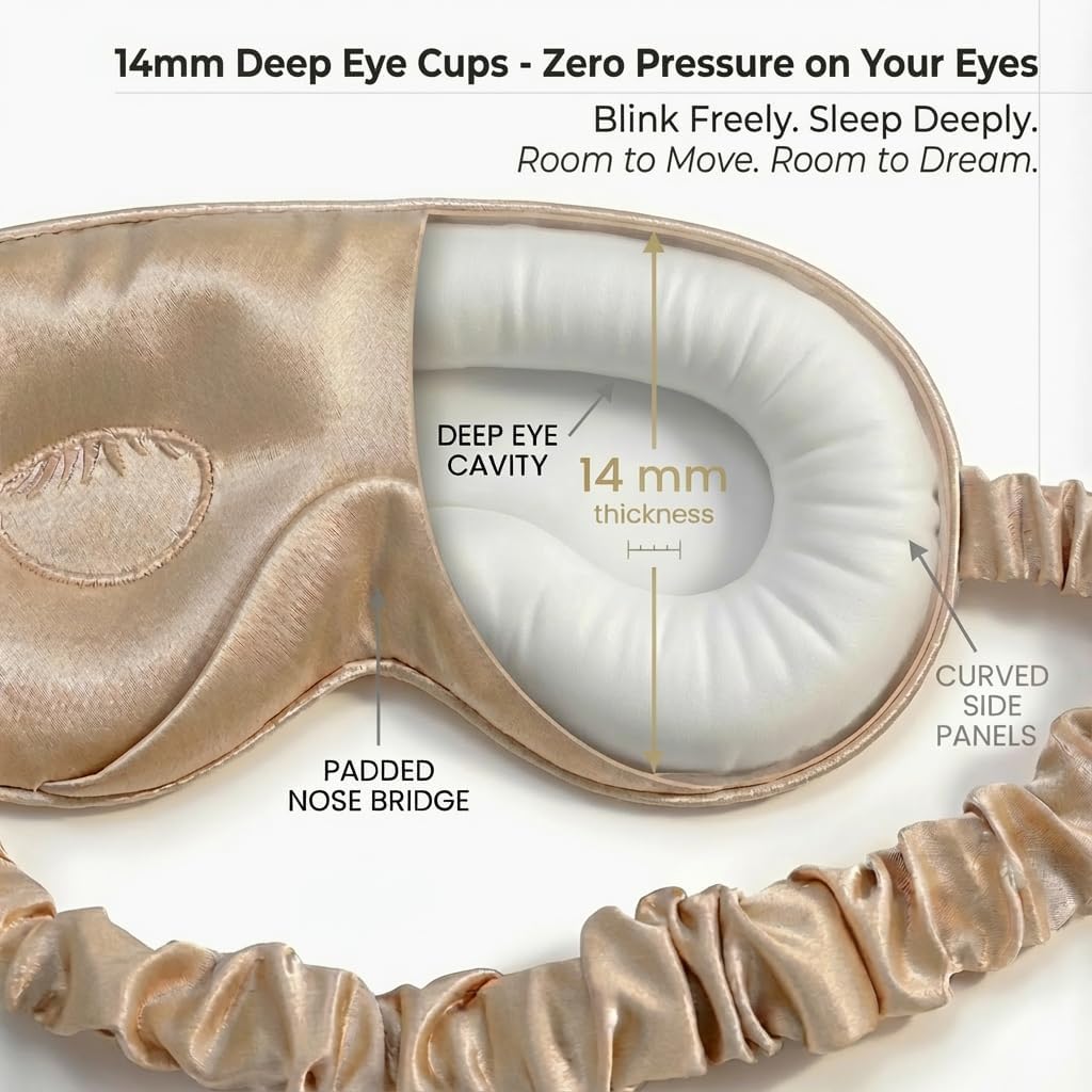 MATASSE 100% Mulberry Silk Sleep Mask 22 Momme Grade 6A - 3D Contoured Eye Mask for Sleeping, 14mm Deep Eye Cups, Total Blackout Blindfold for Women Men, Adjustable Strap, Side Sleeper (Champagne) - Image 5