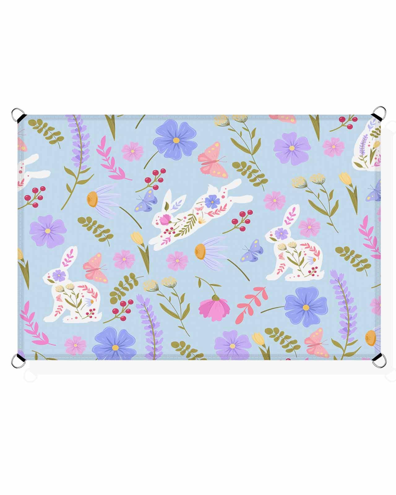 Blue Spring Floral Easter Sun Shade Sail Waterproof Rectangle, UV Block Sail Shade Canopy Awning Outdoor Oxoford Privacy Shade Cover for Patio Pergola Deck Backyard 6.5'x10' Watercolor Bunny Botanical