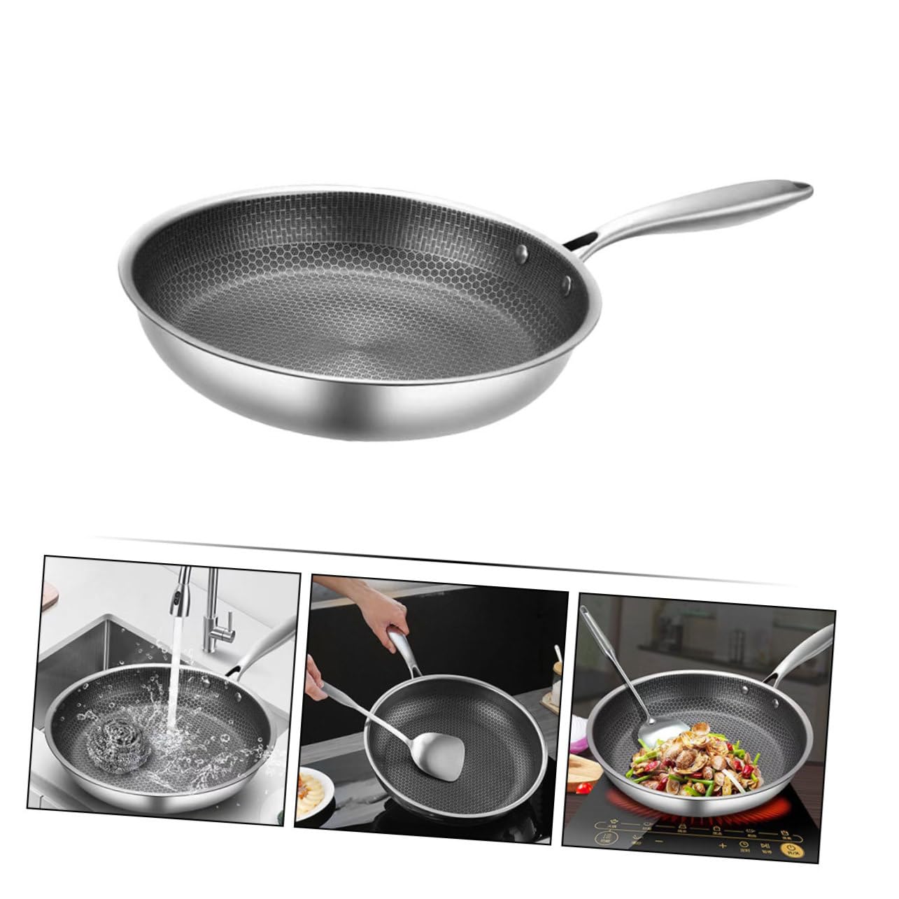 FUNOMOCYA Stainless Steel Honeycomb Structure Frying Pan Skillet for Steak Cooking Kitchen Cookware Induction Compatible Easy to Clean