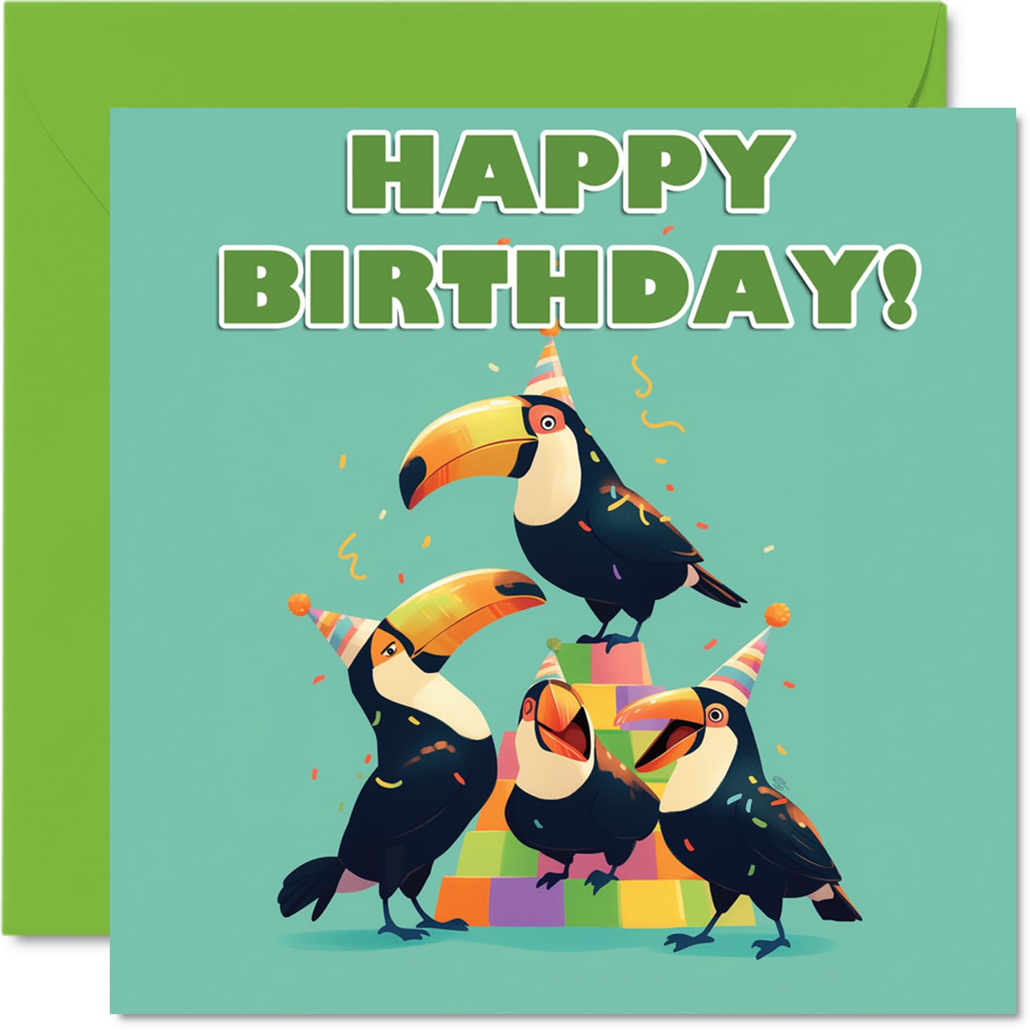 Toucan Birthday Cards for Her Him - Party Animals Pyramid - Happy Birthday Card for Mum Dad Brother Sister Auntie Uncle Cousin Friend Family Colleague 145mm x 145mm Bday Greeting Cards