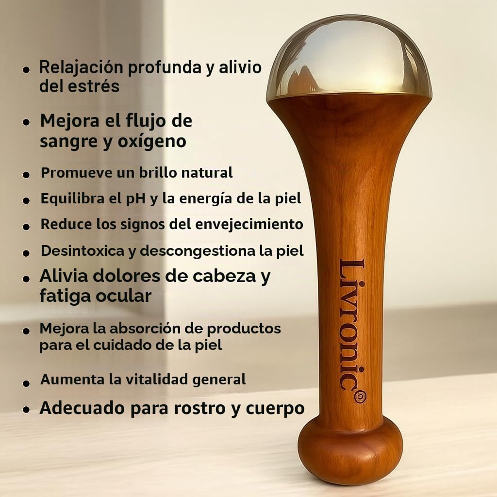 Livronic Varita Kansa para cara, cuerpo y pies con mango de madera de teca, varita pequeña Kansa con tapa de bronce para relajación profunda, 4,5 cm, marrón natural