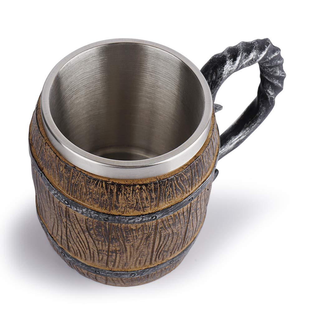 SKJJM Viking Wooden Barrel Beer Mug, Boccale da Birra in Legno Fatto a Mano,con Acciaio Inox, 600 ml, Tazza Medievale per Caffè/Bevande/Succo per Uomini, Regalo per la Festa del Papà