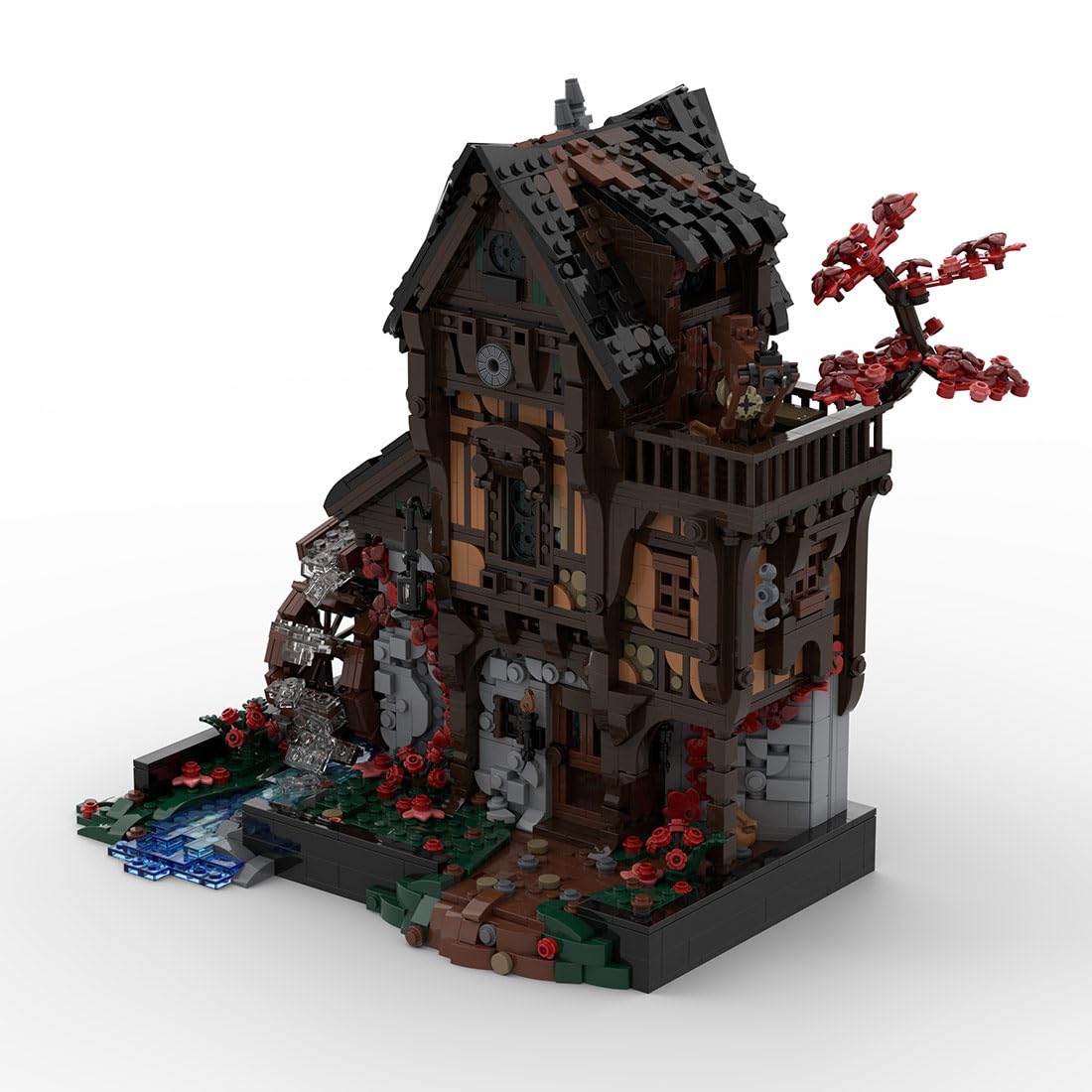 Mittelalterliche Schmiede Klemmbausteine 2717 Stück Wasserradmühle Gebäude MOC Haus Spielzeug Set für Erwachsene Kompatibel mit 21325, MOC-214249