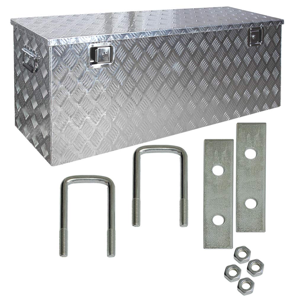 Trucky Skrzynka na samochód z aluminium, model D210, 129 x 39 x 45 cm, zamykana, wytrzymała blacha ryflowana, łącznie z zestawem montażowym, do warsztatu, hobby, samochodu