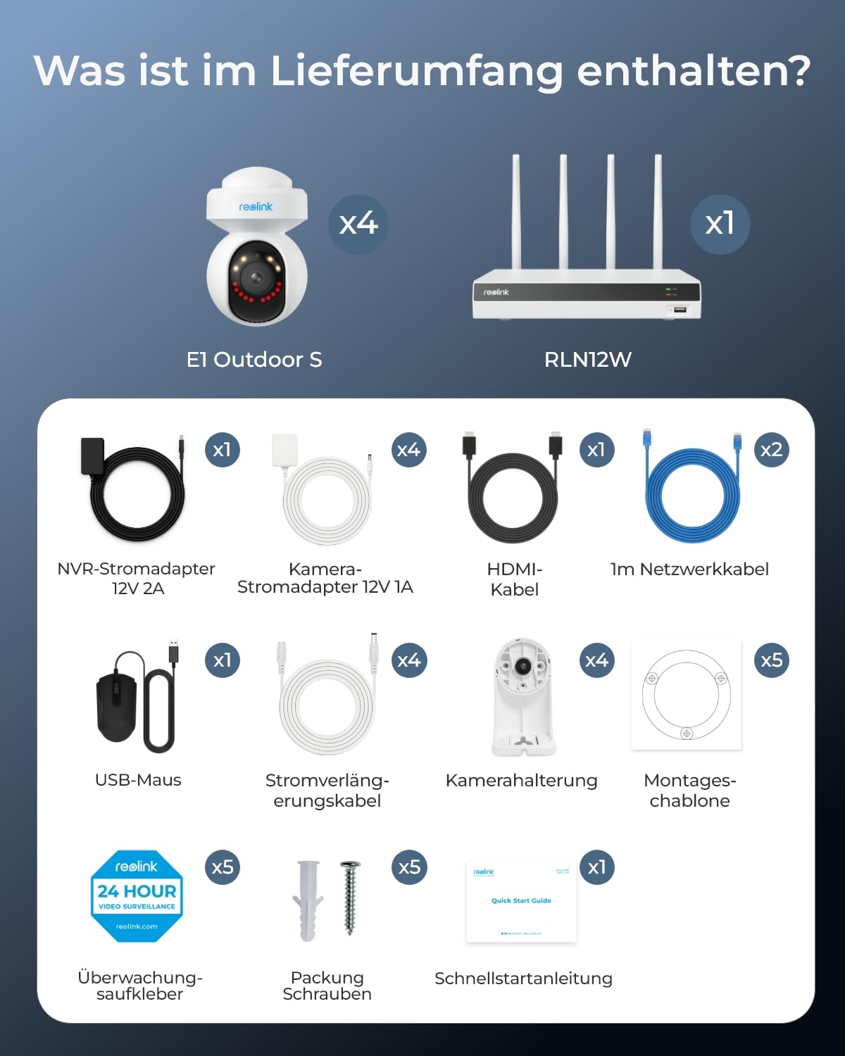 Reolink 4K Wi-Fi 6 PT Überwachungskamera Set, 4stk WLAN-Kameras Outdoor mit 355° Pan & 50° Tilt, Bewegungsverfolgung, Smart-Erkennung, Farbnachtsicht, 12-Kanal Wi-Fi NVR mit 2TB HDD (RLK12-800WPT4)