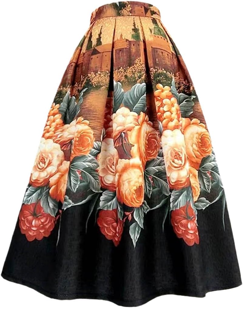 Spring and Autumn Retro Elegant Floral High Waist Mid-Length Pleated Skirt