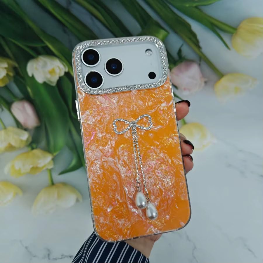 Image of mobistyle Compatible with iPhone 17 Pro Max | Shell Pattern with Bow Tassel and Daimond Camera Lens Protection Back Cover Case for Women Girls iPhone 17 Pro Max (Orange)