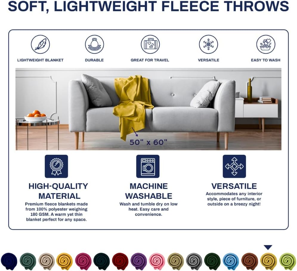 Imperial Home 50x60 Soft Bulk Fleece Throw Blankets, Throw Blanket for Couch, Travel, Bed, Any Room, Fleece Travel Blanket, Lightweight Blanket, Fall Blankets & Throws, Cozy Blanket, 12 pk (Yellow)
