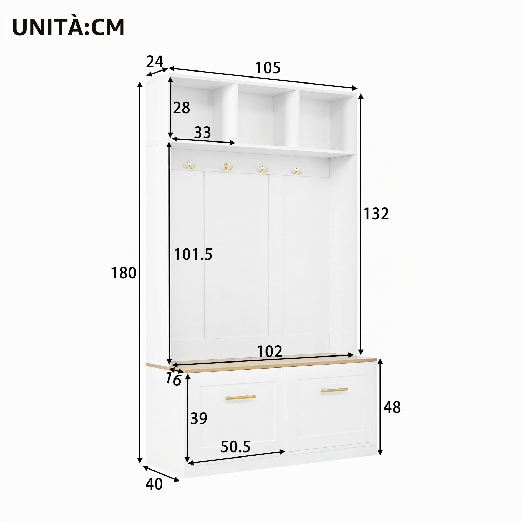 Set appendiabiti con panchina, naturale + bianco, 105 x 40 x 180 cm, spazio aperto e 2 ante – guardaroba compatto con 4 ganci