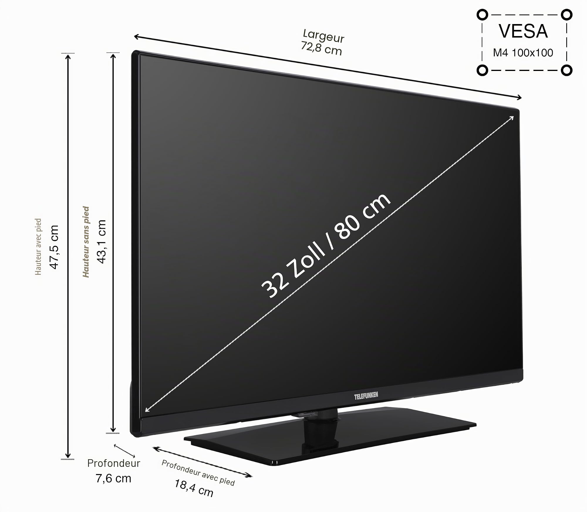 Telefunken VIDAA XH32VP750M Téléviseur 32" Smart TV HD Ready avec Triple Tuner intégré LED Noir
