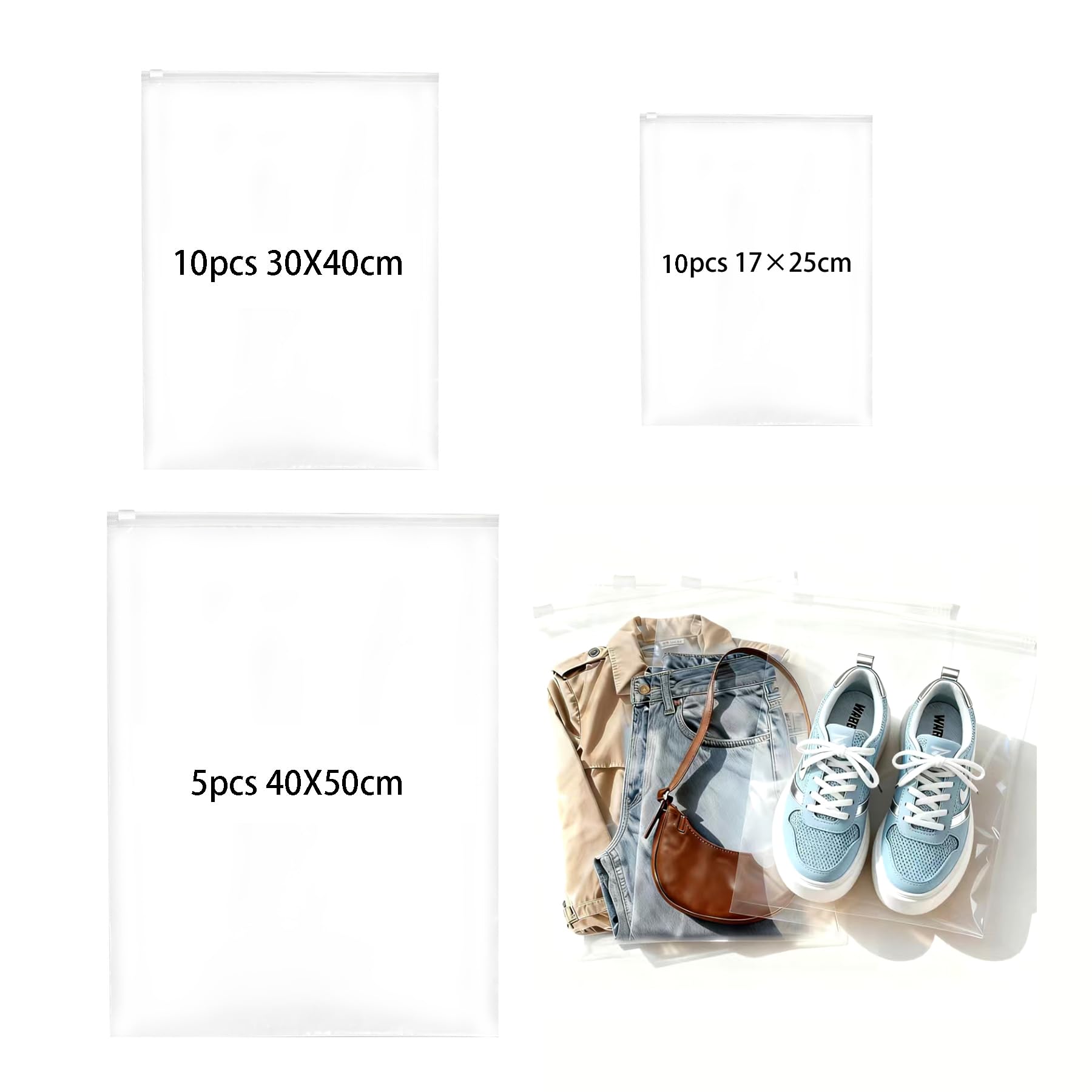 Zip Beutel Groß Wiederverwendbar 3-Größen Zipper Beutel Reisetasche Wasserdichte Transparent Zip Tüten Bag Plastikbeutel Aufbewahrungsbeutel für Kleidung Unterwäsche Handtuch Schuhe Kosmetik,25 Stück