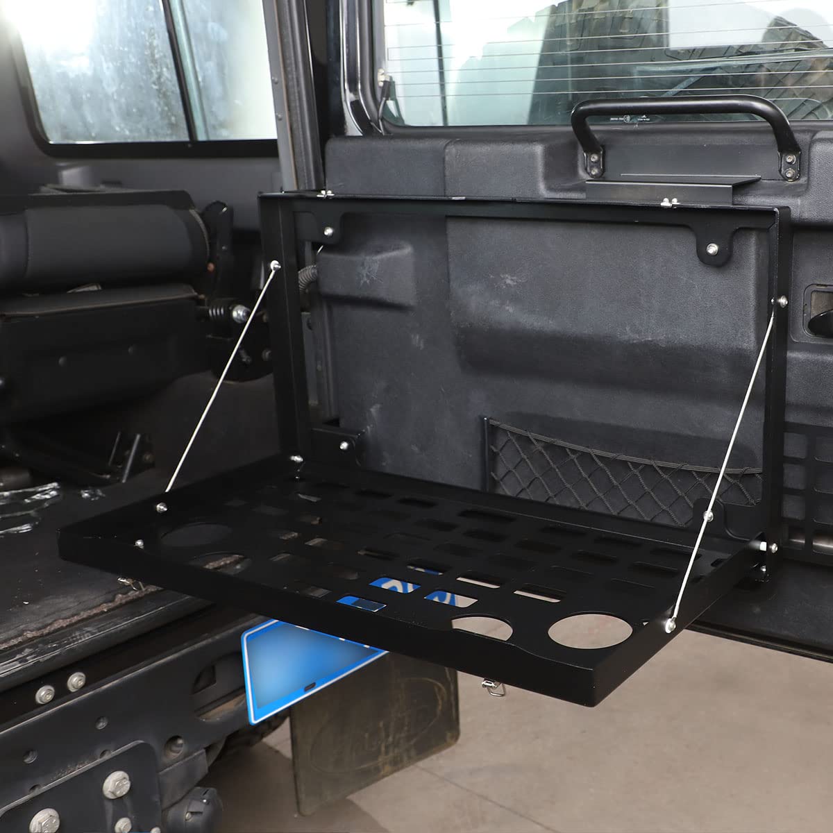 Table de coffre pour hayon Porte arrière Camping tout-terrain Bureau Étagère de rangement Compatible avec Land Rover Defender 110 2020-2022, Table de coffre en métal Étagère de rangement Chargement