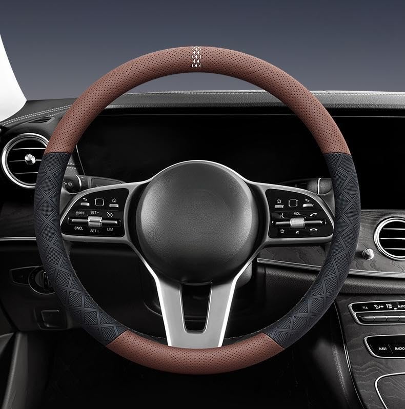 Ultra-Thin Napa Leather Steering Wheel Cover with 3D Anti-Slip Diamond Grip Breathable Non-Bulky Design Universal Fit 15 Inch for Cars & SUVs