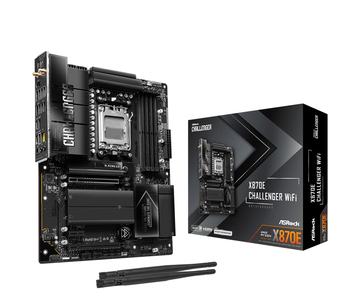 ASRock Carte mère X870E Challenger WiFi ATX, Prend en Charge AMD Ryzen 9000/8000/7000 Series, DDR5 8200+ (OC), PCIe 5.0, Dual USB4, Wi-FI 7, 5G LAN, 20+2+1 Phase 110A SPS