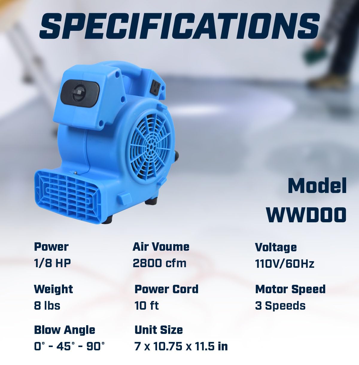 Wentylator podłogowy do suszarki dywanowej 1/8 HP 600 CFM o wysokiej wydajności do szybkiego suszenia