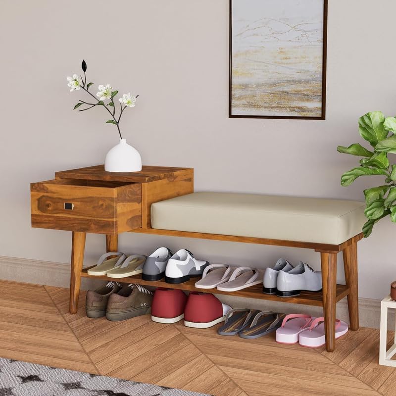 Image of VK Furniture Solid Sheesham Wood Shoe Rack with 1 Drawer Storage | Wooden Large Size Shoe Cabinet with Cushion Seating for Home, Living Room, Hotel, Enteryway (Honey Finish)