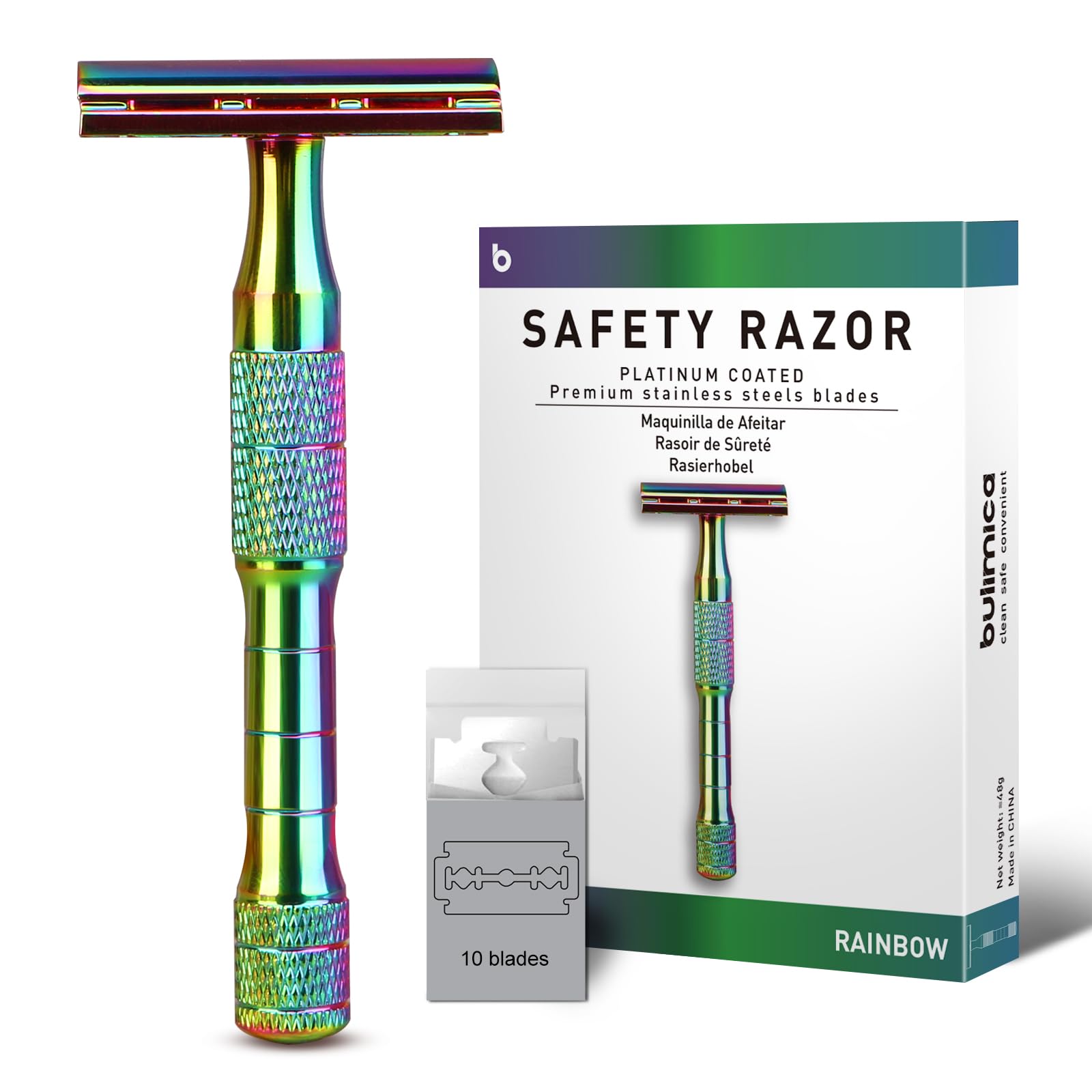 Rainbow Safety Razors for Men and Women, Single Blade Razor, Reusable Metal 1 Blade Razor, with 10 Stainless Steel Double Edge Blades, Smooth & Close Shave, Plastic Free, Sustainable