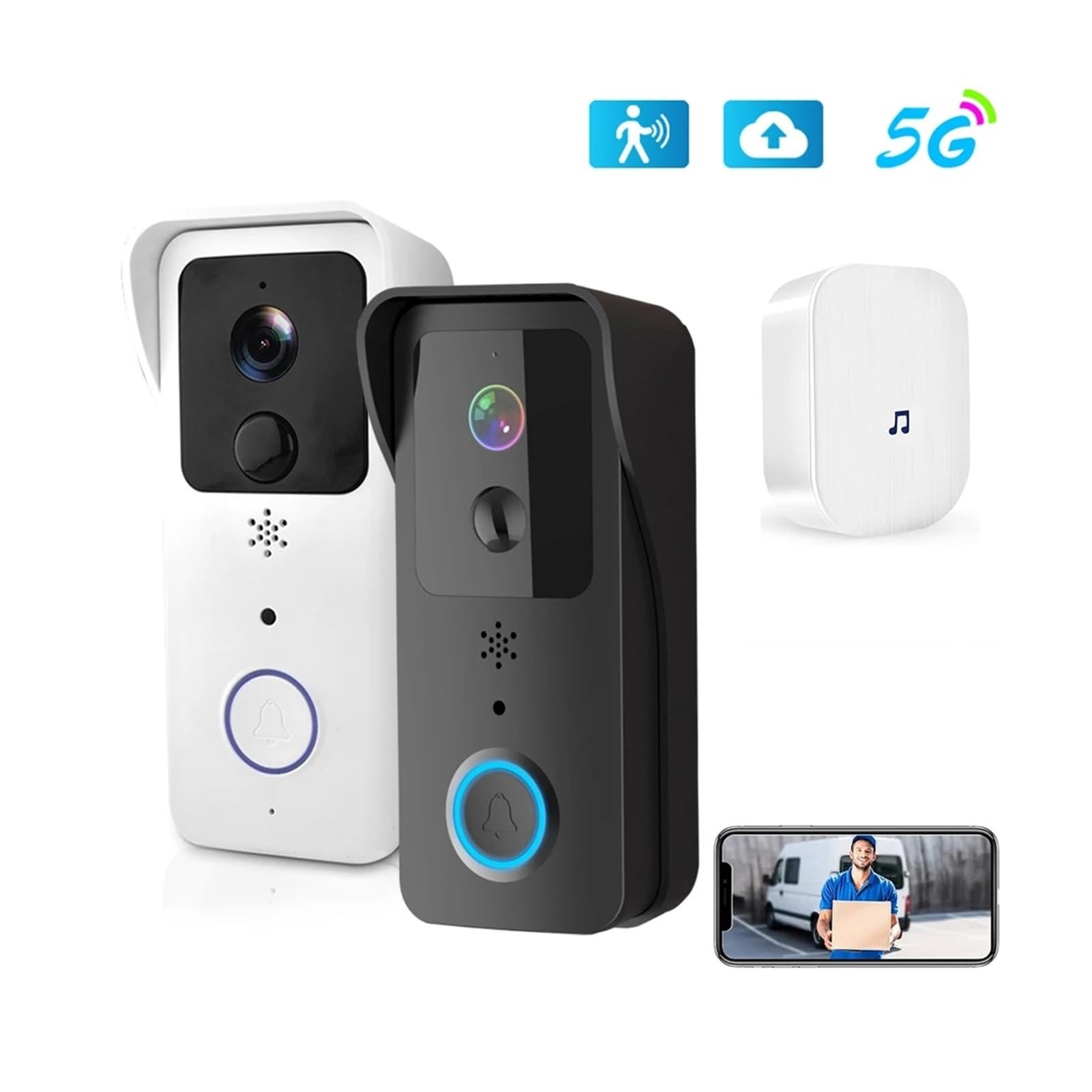 Videoportero, Timbre con Video 5G 2.4G WiFi 1080P, intercomunicador inalámbrico Inteligente for Exteriores, cámara inalámbrica Impermeable(White Kit)