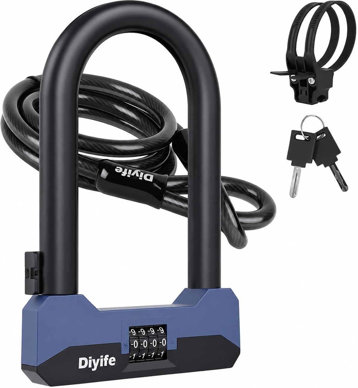 18mm Bike U Lock, Diyife 10.24''x7.1'' Large Heavy Duty Anti Theft Bicycle U Lock with 5FT Steel Cable, 4-Digit Keyless Combination High Security Lock with Mount for Ebike, Scooter, Motorcycle