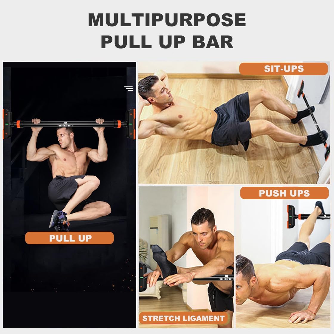 RHINOSPORT Barre de Traction Barre de Porte réglable de 69 cm à 92 cm, Montage sans vis, antidérapant pour Le Fitness à la Maison, Maximum 200 kg