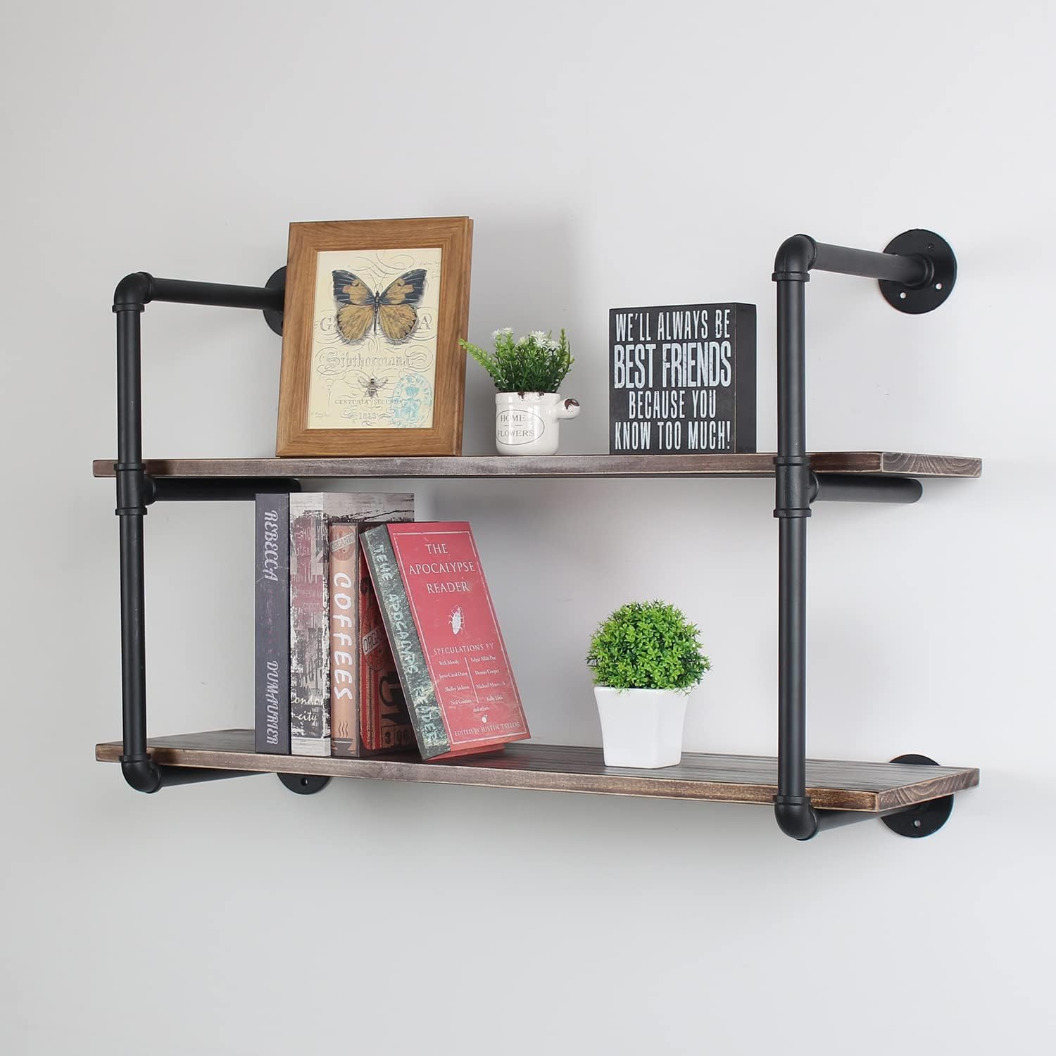 MBQQ Industrial Retro Pipe Shelf 36in 2 Tier Wall Mounted,Rustic Floating Shelves,Farmhouse Kitchen Bar Shelving,Home Decor Book Shelves,DIY Bookshelf Hanging Wall Shelves,Black