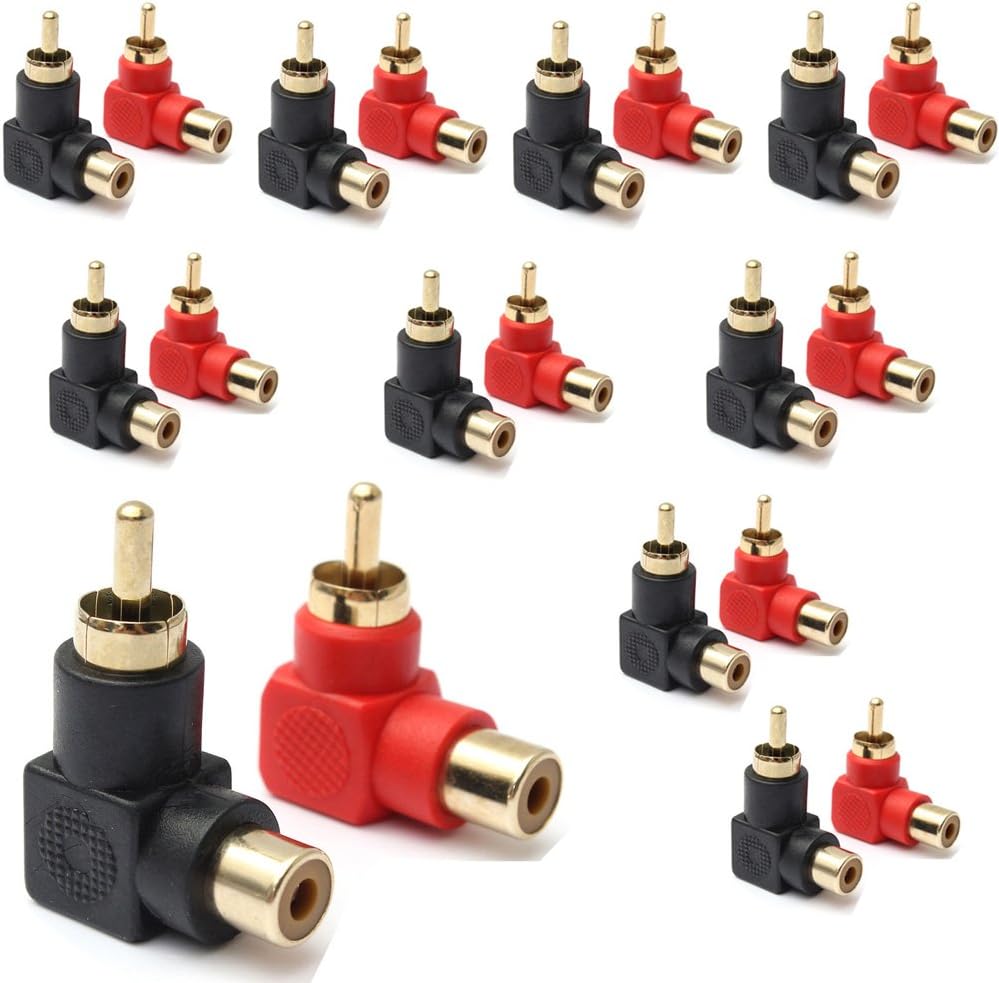 exgoofit RCA Male to RCA Female Connectors Right Angle Plug Adapters M/F 90 Degree Elbow Gold-Plated (10 Black + 10 Red) (20-Pack)