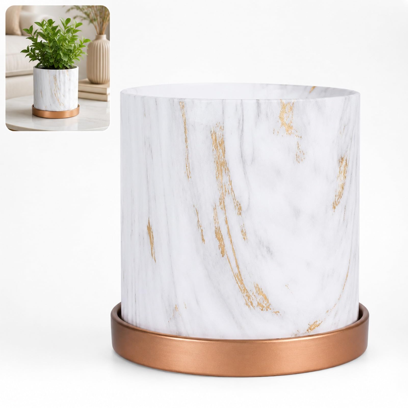 TJKK Ceramic Flower Pot Straight with Tray Marble Texture Indoor Plant Pots Plant Drainage Hole (white,14 * 15cm)