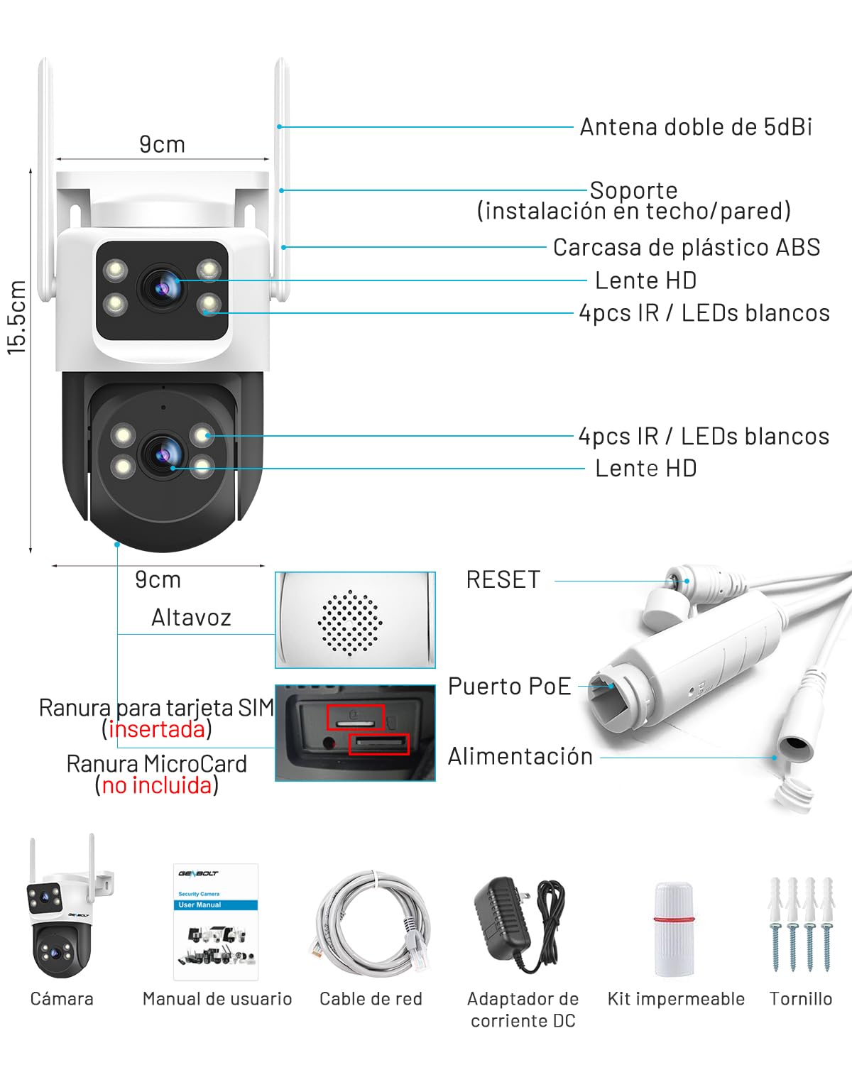 GENBOLT 4G LTE Cámara Vigilancia Exterior con Tarjeta SIM sin WiFi, Doble Lente PoE CCTV Cámara Seguridad Cableada Grabación 24/7, Cámara IP PTZ con Detección Humano Seguimiento Automático